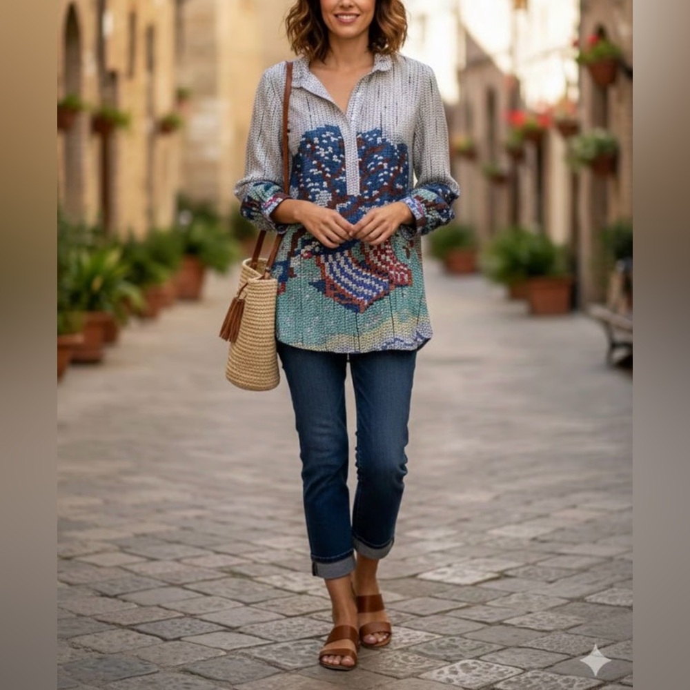 NWT John & Mark Women's Sequin Print Tunic Blouse Long Sleeve Multicolor Size XL - Picture 2 of 12